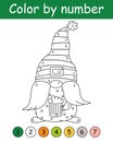 Color by number game for kids. Cute gnome with mug beer. St. Patrick's Day coloring book. Printable worksheet with