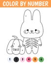 Color by number game for kids. Happy rabbit with pumpkin. Cute kawaii bunny. Halloween concept. Printable worksheet with Royalty Free Stock Photo