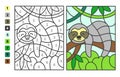 Color by numbers lazy creature sloth Animal. Puzzle game for children education, colors for drawing and learning