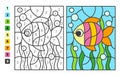 Color by numbers sea and ocean life. Puzzle game for children education, colors for drawing and learning mathematics