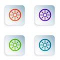 Color Old wooden wheel icon isolated on white background. Set colorful icons in square buttons. Vector Royalty Free Stock Photo