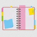 Color open notepad on rings with blank sheets and bookmarks between pages. A simple flat vector illustration isolated on a