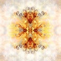 Color ornamental mandala and softly blurred watercolor background.