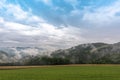 Rural idyllic rolling summer landscape panorama, fields, meadow, forest, blue sky, clouds, wafts of mist