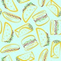 Color outline fastfood on blue pattern