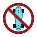 Color outline illustration of a skateboard top view in prohibition sign. Ban on active sport lifestyle. Vector forbidden object