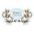 Color oval label between pattern from cotton plants. Logo for textile, fabric, cloth or business