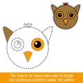 Color Owl Face. Restore dashed lines. Color the picture elements. Page to be color fragments.vector