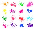 Color paint splatter. Bright ink stains and spray blots isolated on white. Watercolor spaint, spot or drop elements Royalty Free Stock Photo