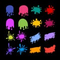 Color paint splatter. Colorful ink stains, abstract paints splashes and wet splats. Watercolor or slime stain vector set.