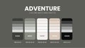 Color palette in Adventure colour theme collections. Color inspiration or color chart with codes template. Color combination set