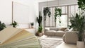 Color palette close up sample. Paint selection catalog over interior design scene. Modern minimal white living room in urban