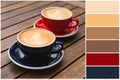 Color palette and cups of aromatic coffee on wooden table. Collage Royalty Free Stock Photo