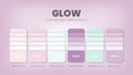 Color palette in a Glow colour theme collections. Color scheme or colors chart template. Color combination set of RGB, HSL and HEX