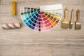 Color palette guide and paint brush roller  on wood board Royalty Free Stock Photo