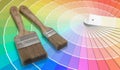 Color palette - guide of paint samples and painting brushes. 3D rendered illustration