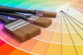 Color palette - guide of paint samples and painting brushes. 3D rendered illustration