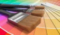 Color palette - guide of paint samples and painting brushes. 3D rendered illustration