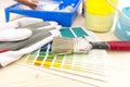 Color palette guide and painting supplies, paint brushes and col Royalty Free Stock Photo