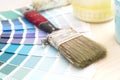 Color palette guide and painting supplies, paint brushes and col Royalty Free Stock Photo