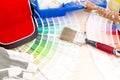 Color palette guide and painting supplies, paint brushes and col Royalty Free Stock Photo