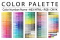 Color Palette. Print Test Page. Color Chart Table. Color Numbers or Names. RGB, CMYK, HEX HTML codes. Vector color palette