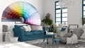 Color palette samples over modern blue and beige living room with sofa and pillows, carpet, coffee table, armchair, potted plants