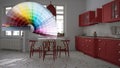 Color palette samples over retro white and red vintage kitchen with terrazzo marble floor, panoramic windows, dining room, round