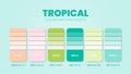 Tropical color palette or color schemes are trends combinations and palette guides. Example of table color shades in RGB