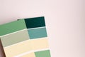 Color palette with various samples. Light background. Paint selection cards, close-up. Royalty Free Stock Photo