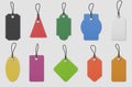 Color paper price tag labels. Realistic colored shopping hanging tags with ropes for pricing marking, message tag mockup, vector Royalty Free Stock Photo