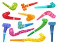 Color party blowers. Paper blower for birthday or festival time. Children toys or fans accessories. Tube horns