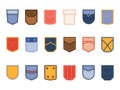 Color patch pocket. Cloth bright different shapes pockets, casual wear, fabric, jeans and textile design objects
