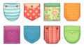 Color patch pockets. Comfort pocket patches with seam, denim patched pockets buttons and comfortable clothes accessories vector