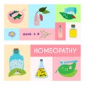 Color patern with inscription homeopathy, advertising, medical banner from set organic elements, design, flat vector