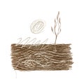 Color pencil abstract illustration with a brown shape with a wood texture, a brown twig, lines and helix.