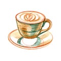 Color pencil coffee sketch. Hand painted illustration with cup of cappuccino, isolated on white background.