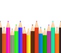 Color pencil. Crayon for draw in school. Bottom row of pencils for art. Seamless icon with craft supplies, paint, stationery.