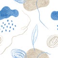 Color pencil hand drawn seamless pattern with blue and sandy shapes, lines, leaves and helixes. Royalty Free Stock Photo