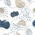 Color pencil hand drawn seamless pattern with dark blue and sandy shapes, lines and helixes, dots and leaves. Royalty Free Stock Photo