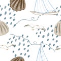 Color pencil hand drawn seamless pattern with sailing-ships, ice gulls, brown cockle-shells and blue dots. Royalty Free Stock Photo