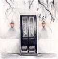 Color pencil illustration of aa black door with lanterns