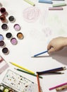 Color pencil, paint, handmade at work Royalty Free Stock Photo