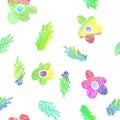 Color pencil textured seamless pattern. Floral stylish background with graphic leaves and naive flowers
