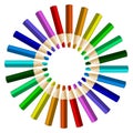 Color pencils in arrange in color wheel colors on white background