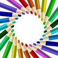 Color pencils in arrange in color wheel colors on white background