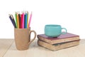 Color pencils, coffee cup on wooden Royalty Free Stock Photo