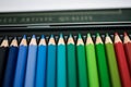 Color pencils, crayons, assorted in a box Royalty Free Stock Photo