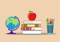 Color pencils in cup, globe, books, apple. education Royalty Free Stock Photo