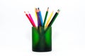 Color pencils in a green cup close up shot Royalty Free Stock Photo